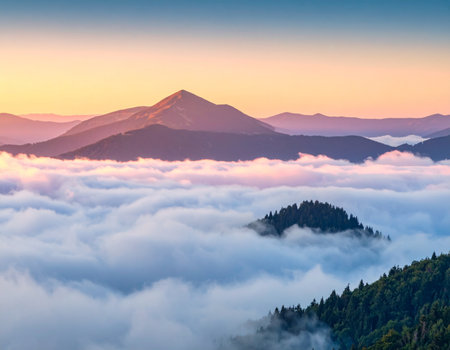 Dramatic mountain landscape features peaks rising above a sea of clouds during a colorful sunrise Use for nature, travel, or environmental themes.の素材