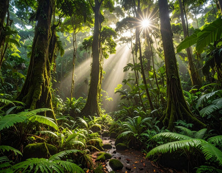 Sunlight streams into a dense tropical rainforest illuminating vibrant green foliage and a small stream This scene evokes tranquility and natural beauty Perfect for environmental themes.の素材