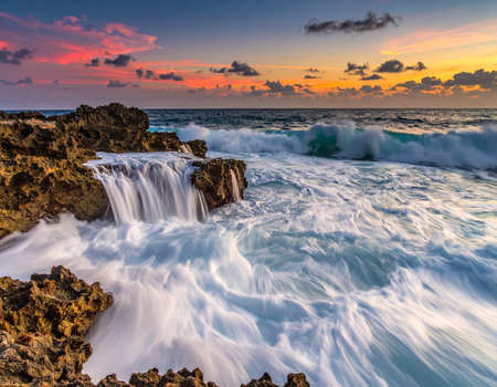 Dramatic ocean waves surge against a rugged rocky shore during a vibrant sunset creating a peaceful coastal scene Ideal for travel and nature themesの素材