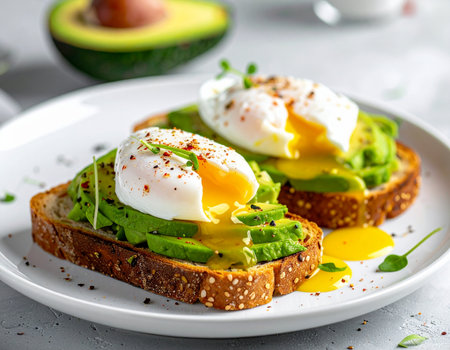 Delicious avocado toast topped with perfectly poached eggs creates a vibrant and healthy breakfast scene Ideal for food blogs and recipe inspiration.の素材