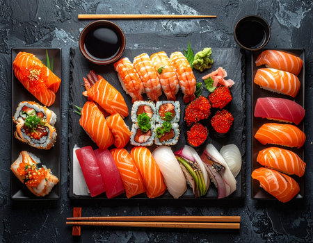 Delicious Japanese sushi and rolls are beautifully arranged with soy sauce and wasabi Perfect for food blogs and restaurant menus.の素材