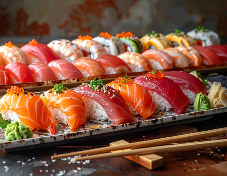 Delicious sushi platter displays various rolls and nigiri with fresh ingredients and vibrant colors Perfect for restaurant menus and food blogsの素材