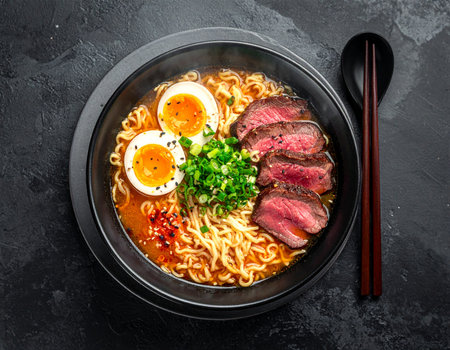 Delicious ramen bowl features tender beef slices, perfectly cooked eggs, and fresh scallions A comforting meal ideal for food blogs and restaurant menus.の素材