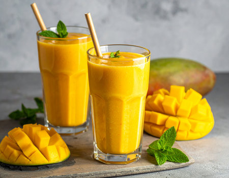 Refreshing mango smoothies garnished with mint leaves and surrounded by ripe mangoes create a vibrant summer scene Perfect for food blogs and beverage advertisingの素材