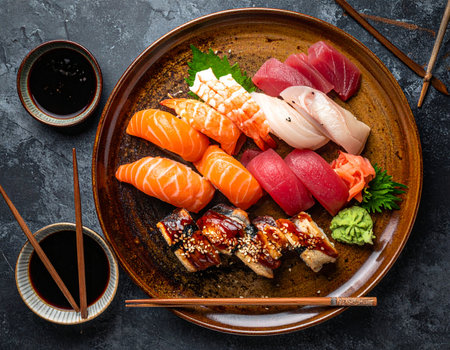 Delicious Japanese cuisine features sushi, sashimi, and grilled unagi arranged on a plate Perfect for food blogs and restaurant menus.の素材