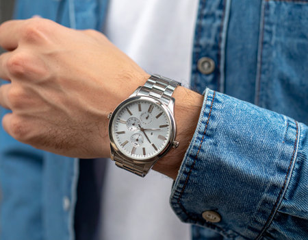 A man checks time on his silver wristwatch while wearing a denim jacket and white shirt This image suits lifestyle and fashion concepts.の素材