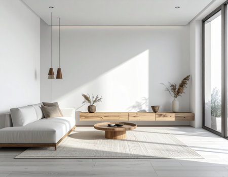 Bright and airy living space features neutral tones and natural materials creating a calm atmosphere Ideal for interior design inspiration.の素材
