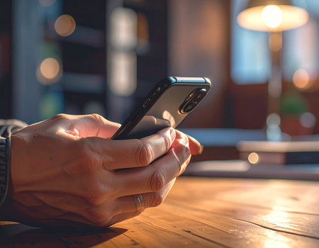 Person using a mobile phone indoors with warm lighting creates a cozy atmosphere Ideal for technology and communication concepts.の素材