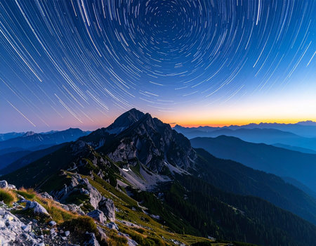 Dramatic mountain landscape features swirling star trails above rugged peaks during twilight hours Ideal for adventure and nature themes.の素材