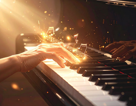 Elegant hands gracefully play piano keys with glowing musical notes surrounding them Ideal for music and artistic expression.の素材