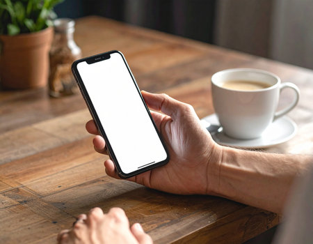 Person holding a mobile phone near a cup of coffee on a wooden table creates a relaxed atmosphere Ideal for lifestyle and technology concepts.の素材