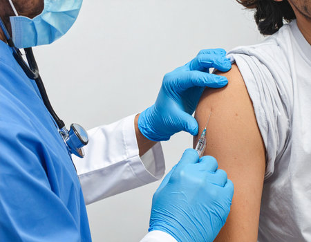 Healthcare professional gives vaccination to a person in a medical setting, emphasizing health and safety. Ideal for medical articles and awareness campaigns.の素材