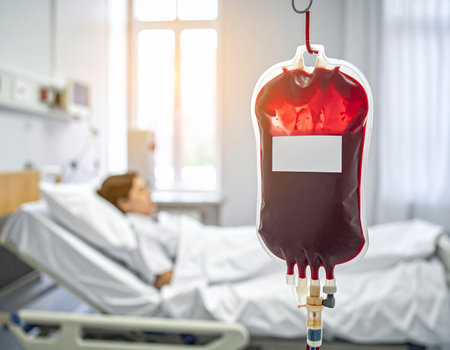 A patient lies in a hospital bed receiving a blood transfusion with a visible blood bag hanging above Use for healthcare and medical related content.の素材