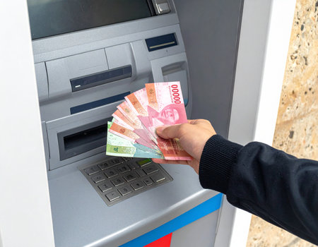 Person withdrawing cash from an ATM using Indonesian Rupiah banknotes Represents financial transactions and banking services Ideal for finance and banking visualsの素材