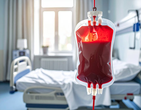 Hospital room features a blood bag hanging for transfusion providing vital care to a patient Ideal for healthcare and medical illustrations.の素材