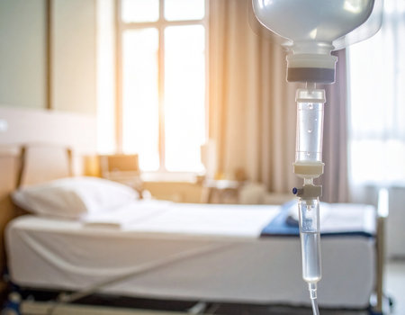 A hospital room features a neatly made bed with an intravenous drip connected, suggesting patient care and recovery. Ideal for healthcare and medical illustrations.の素材