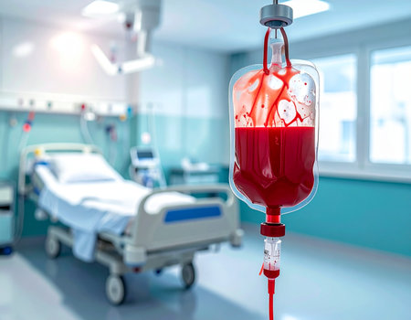 A hospital room features a blood bag connected to an IV drip, suggesting medical treatment or transfusion Use for healthcare and medical concepts.の素材