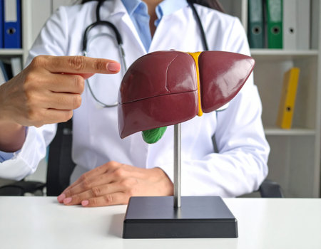 A healthcare professional points to a liver model during a medical explanation This image conveys health and education Perfect for medical websites and articles.の素材