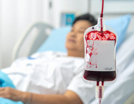 A patient lies in a hospital bed while receiving a blood transfusion, conveying a sense of medical care and vulnerability. Ideal for healthcare and medical illustrations.の素材