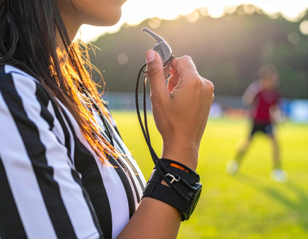 A female soccer referee prepares to blow her whistle during a youth game on a sunny field Ideal for sports and officiating concepts.の素材