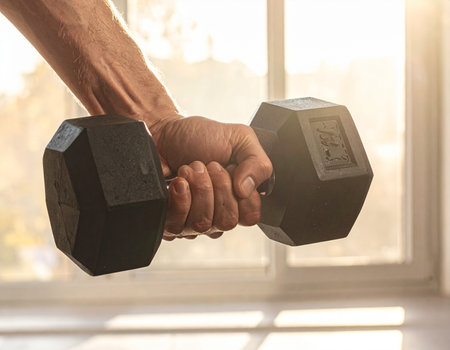 A man is actively lifting a black dumbbell during a workout session, bathed in natural light. Ideal for fitness and health related content.の素材