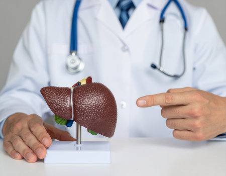 A healthcare professional points to a liver model during a medical explanation This image conveys health and education Ideal for medical websites and publications.の素材