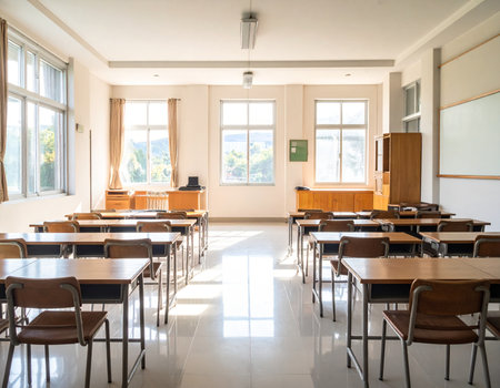 Bright schoolroom features rows of student desks and natural light streaming through windows Ideal for education and learning concepts.の素材