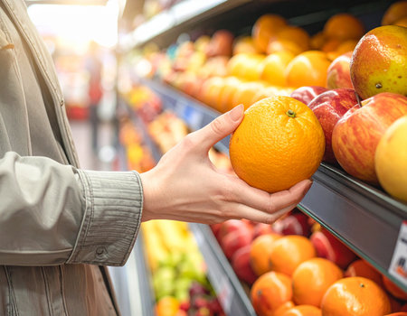 A person carefully chooses a fresh orange from a display of fruit at the supermarket. Ideal for healthy eating and shopping concepts.の素材