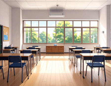 Bright school classroom features rows of desks and a large window overlooking lush trees Ideal for education and learning concepts.の素材