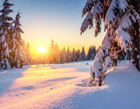 Serene winter landscape features snow covered trees bathed in golden sunrise light creating a peaceful atmosphere Ideal for seasonal and nature themes.の素材