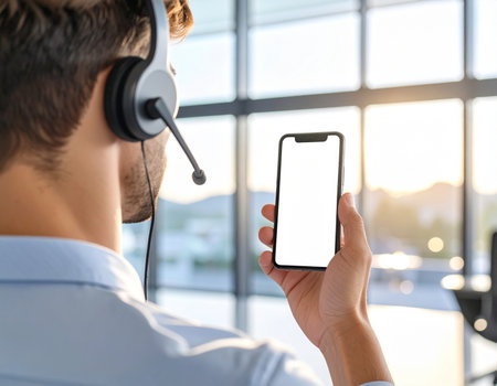 A focused customer service representative wearing a headset while holding a smartphone suggests efficient communication and assistance Ideal for business and technology conceptsの素材