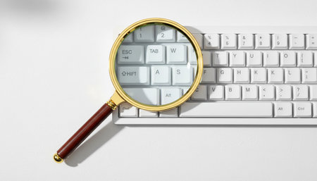 Computer keyboard with magnifying glass on white background. View from aboveの素材
