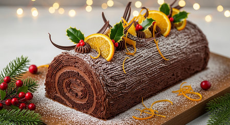 Christmas chocolate cake with orange and holly leaves on a wooden boardの素材