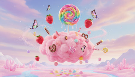 Fantasy pink cloud with colorful lollipop and flying butterflies. 3D Renderingの素材