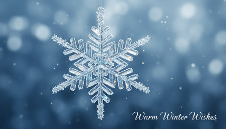 Snowflake on blue bokeh background. Christmas greeting card.の素材