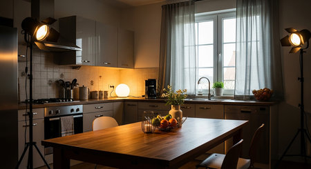 Interior of a modern kitchen with wooden countertop in the eveningの素材