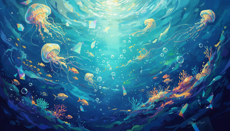 Underwater world with jellyfish and corals. Vector illustration.の素材