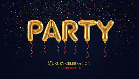 Party gold balloons with stars and confetti. Vector illustration for your designの素材