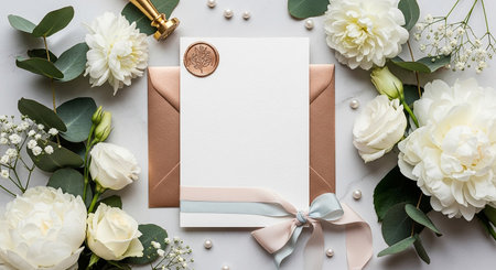 Wedding invitation mockup with envelope and flowers on white backgroundの素材