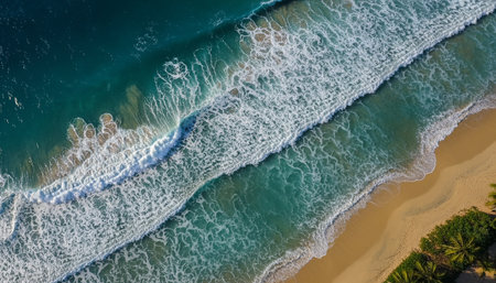 Aerial view of beautiful sandy beach with turquoise ocean wavesの素材