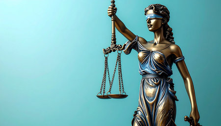 Statue of justice with scales of justice isolated on blue background.の素材