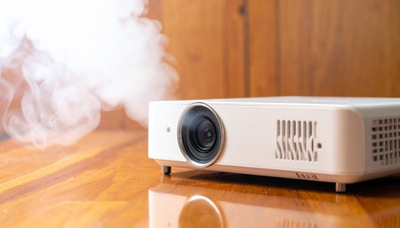 White projector on wooden table with smoke coming out of the device.の素材