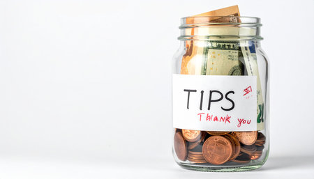 Glass jar full of coins with the word Tips on a white backgroundの素材