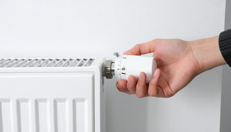 Close up of woman hand adjusting thermostat on the white wallの素材