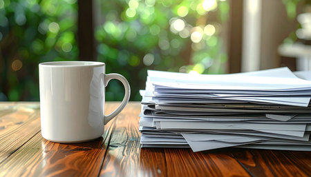 Coffee cup and stack of business papers on wooden table.の素材