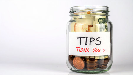 Coins in a glass jar with the text Tips and thank youの素材
