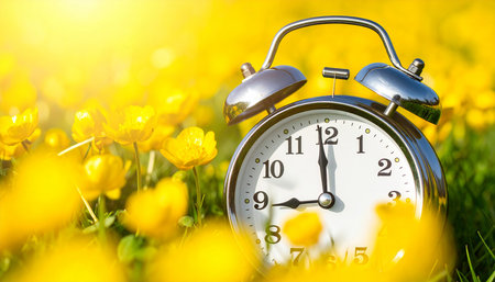 Alarm clock on a meadow with yellow tulips in the morningの素材