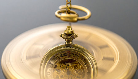 Vintage antique gold pocket watch on grey background. Close up.の素材
