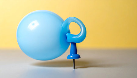 Blue pushpin on yellow background, close-up, copy spaceの素材