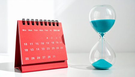 Daylight Saving Time (DST). Red hourglass and calendar.の素材